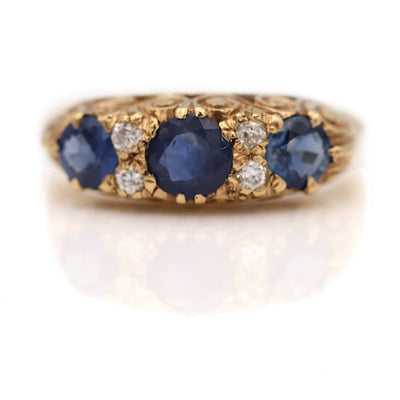 Victorian Three Stone Sapphire & Mine Cut Diamond Wedding Ring