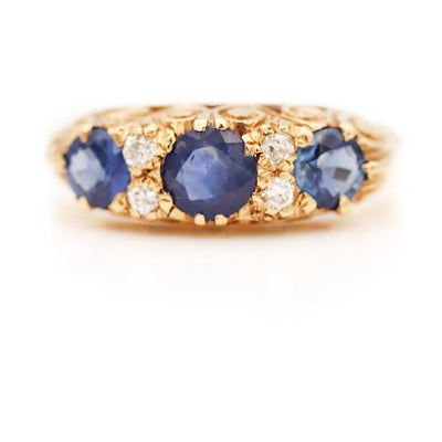 Victorian 1.20 CTW Three Stone Sapphire Mine Cut Diamond Antique Wedding Ring