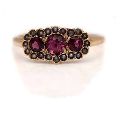 Victorian Purple Garnet and Pearl Engagement Ring .60 Ctw