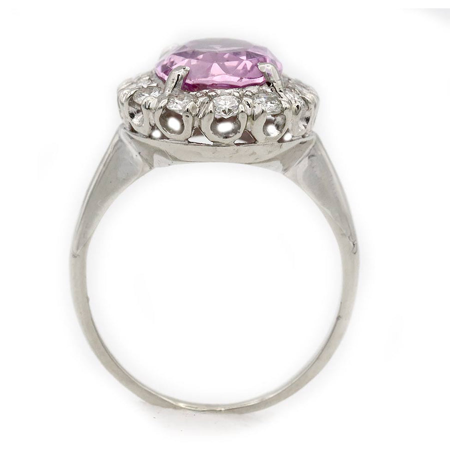 Vintage engagement ring 3.00 carat natural pink tourmaline with round diamond halo in 14K white gold circa 1980s gallery view