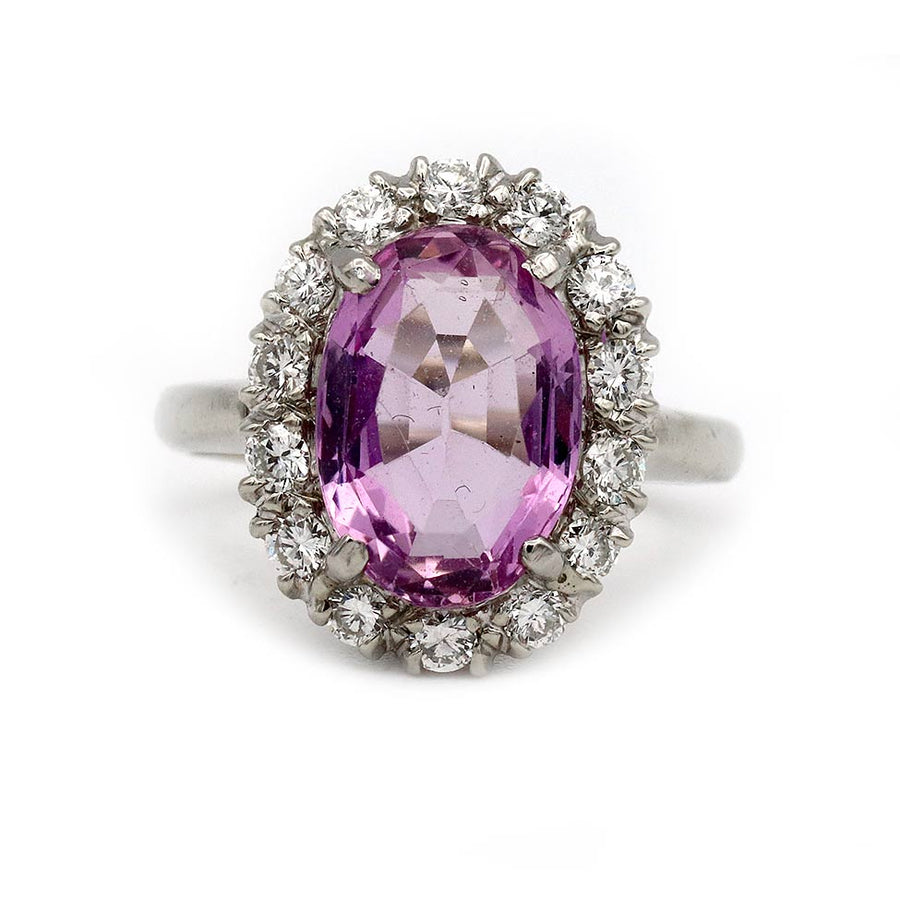 Vintage engagement ring 3.00 carat natural pink tourmaline with round diamond halo in 14K white gold circa 1980s