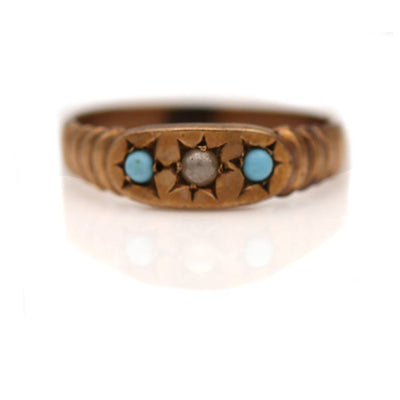 Dainty Pearl and Turquoise Victorian Starburst Wedding Ring