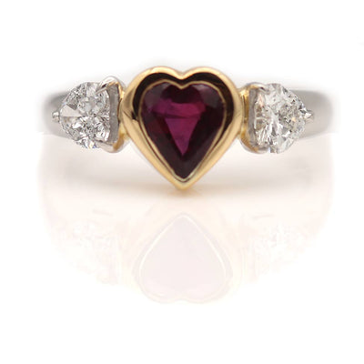 Siamese Ruby and Heart Shape Diamond Half Engagement Ring 1.12 Ct