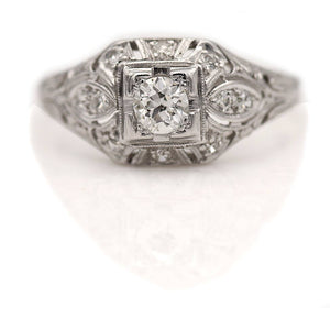 Art Deco .52 CTW Old European Cut Diamond Platinum Vintage Engagement Ring 
