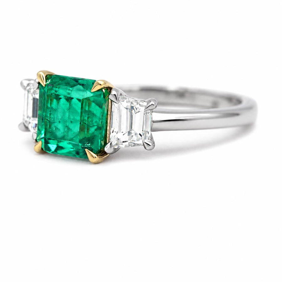 Vintage Style 2.01 Ct Colombian Emerald & Shield Cut Diamond Engagement Ring | GIA