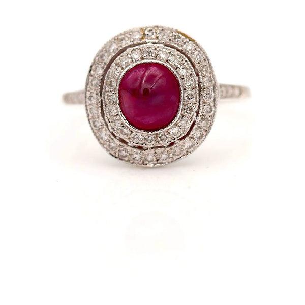 Estate 1.00ct Cabochon Ruby Two-Tiered Diamond Halo 18K White Gold