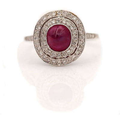 Estate Ruby Cabochon Two-Tiered Diamond Halo Engagement Ring