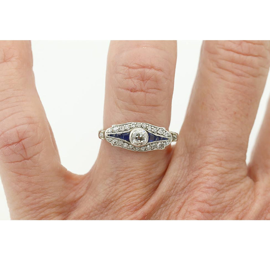 Antique .20ct Old European Cut Diamond and Sapphire Platinum & 18K Gold Ring