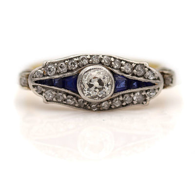 Antique Old Mine Cut Diamond & Sapphire Engagement Ring
