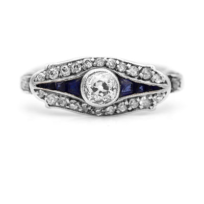 Antique 1.08 CTW Old Mine Cut Diamond & Sapphire Engagement Ring