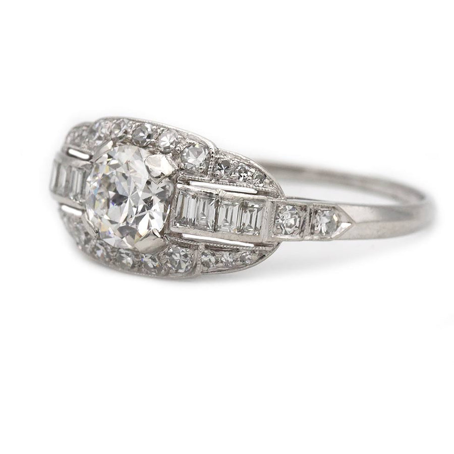 Art Deco .72 Ct Old European Cut Diamond Platinum Engagement Ring with Baguettes – GIA D/SI2