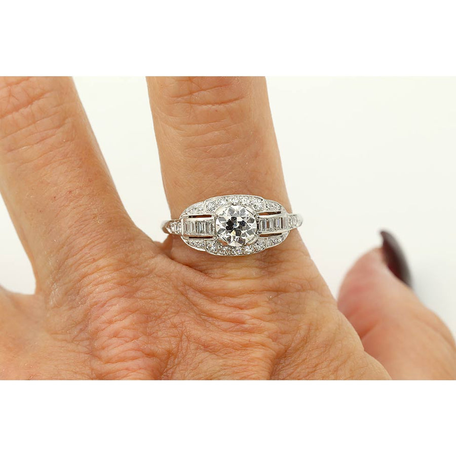 Art Deco .72 Ct Old European Cut Diamond Platinum Engagement Ring with Baguettes – GIA D/SI2