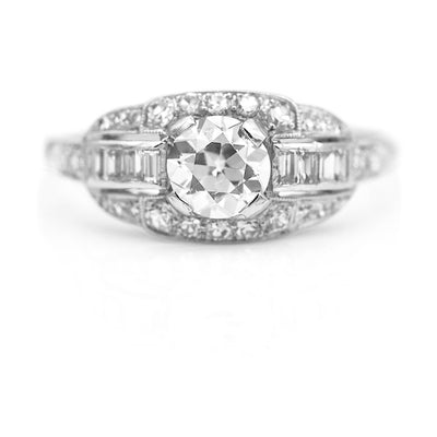 Art Deco 1.32 CTW Old European Cut Baguette Diamond Vintage Engagement Ring GIA D/SI2