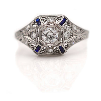 Art Deco Old Mine Cut Diamond & Baguette Sapphire Engagement Ring