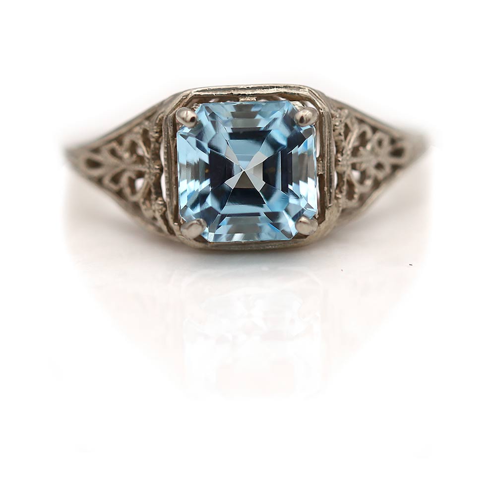 Art Deco Natural Aquamarine Sterling Filigree shops Ring