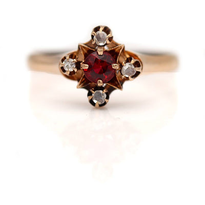 Victorian Red Spinel Ring W/ Rose Cut Diamond 10K Rosy/Yellow Gold