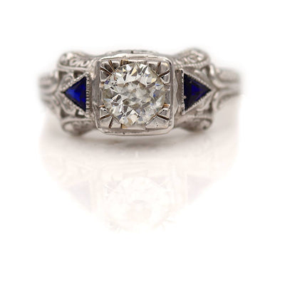 Estate Old European Cut Diamond Ring with Side Sapphires Circa 1980