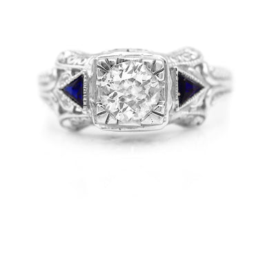 Estate .62 CTW Old European Cut & Sapphire Vintage Engagement Ring