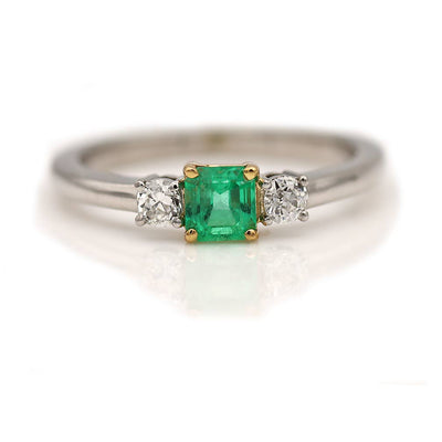 .40 Ct GIA Colombian Emerald & Old Mine Cut Diamond Three Stone Engagement Ring