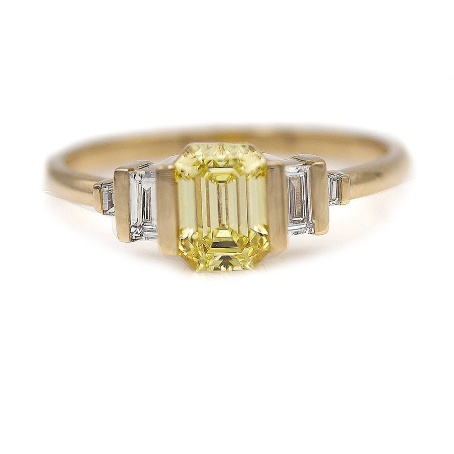 Vintage Style Fancy Intense Yellow Diamond Engagement Ring | GIA .76 Ct Emerald Cut