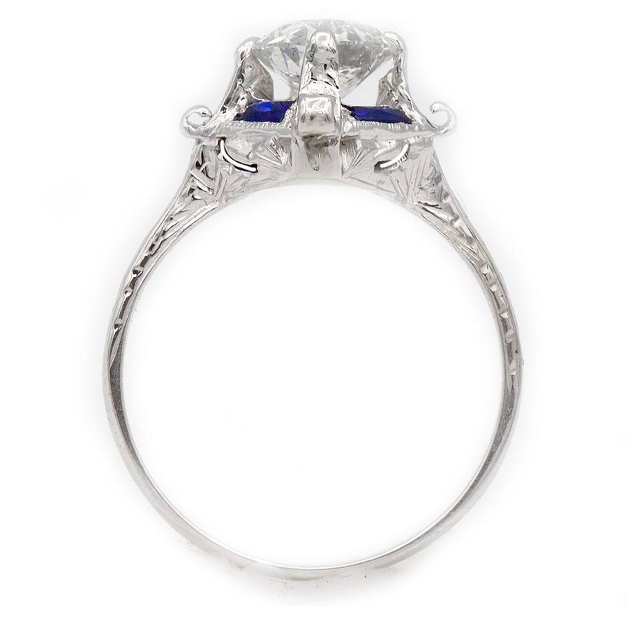 Art Deco 1.16 Ct Old European Cut Diamond Sapphire Vintage Engagement Ring GIA F/I1