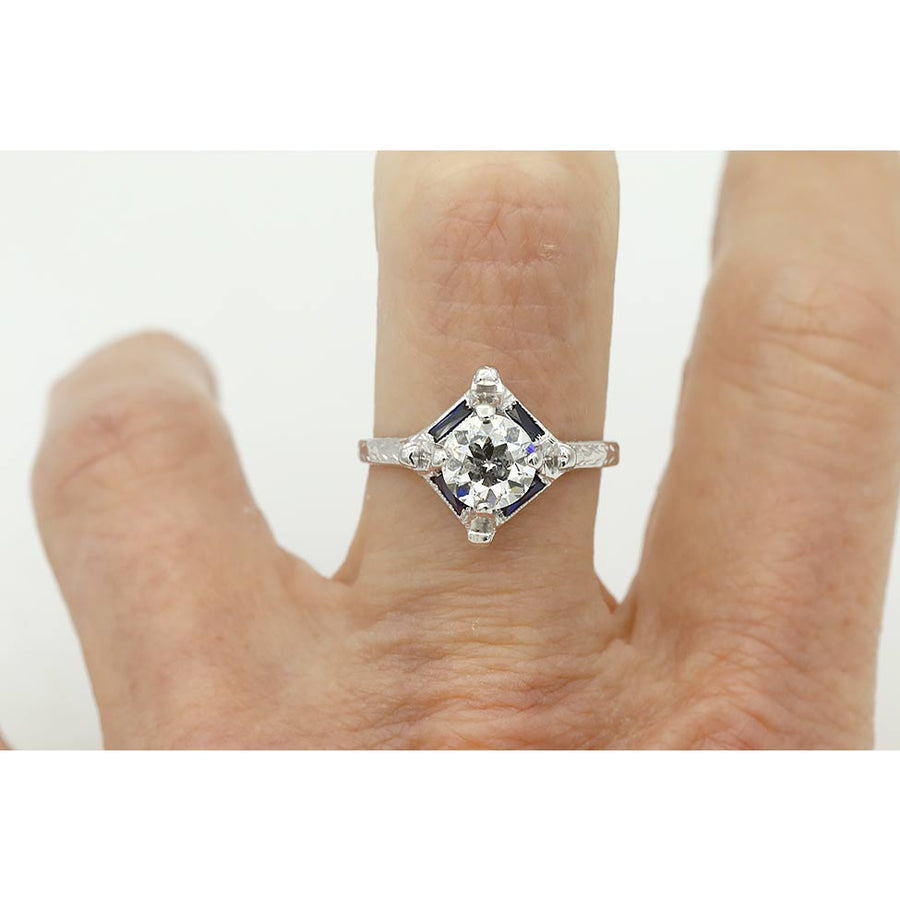 Art Deco 1.16 Ct Old European Cut Diamond Sapphire Vintage Engagement Ring GIA F/I1