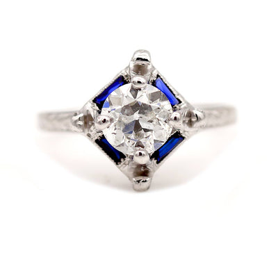 Art Deco 1.56 CTW Old European Cut Diamond Sapphire Vintage Engagement Ring GIA F/I1