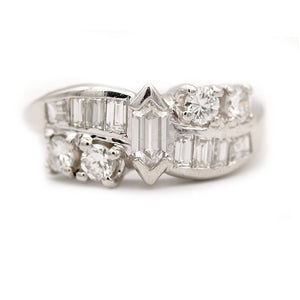 Mid-Century 1.10 CTW Platinum Kite Baguette Round Diamond Cocktail Ring