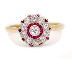 Victorian .80 CTW Burma Ruby Mine Cut Diamond Halo Antique Engagement Ring