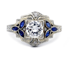 Art Deco Engagement Ring .95 CTW Transitional Cut Diamond & Navette Sapphire Engagement Ring