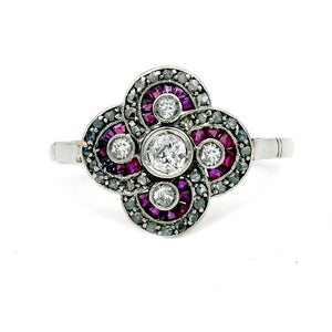 Art Deco .75 CTW Old Mine Cut Diamond & Burma Ruby Halo Antique Engagement Ring