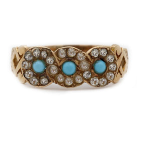 victorian turquoise and paste wedding ring in 10k rose gold with filigree front view
