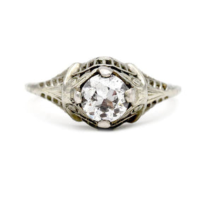 Art Deco Engagement Ring .84 CTW Old European Cut Diamond 14 Karat White Gold GIA G/I1