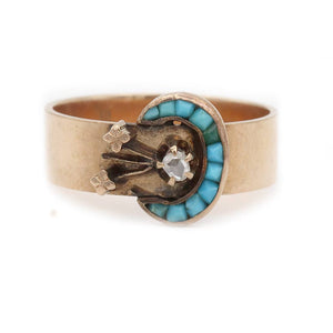 Retro turquoise and rose cut diamond engagement ring in 14k rose gold, circa 1940s