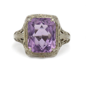 Art Deco emerald cut amethyst engagement ring in 18K white gold with filigree