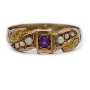 victorian old mine cut amethyst and seed pearl engagement ring in 10k rose gold front view