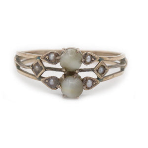 Victorian toi et moi engagement ring with natural cat’s eye chrysoberyl and seed pearls in 10K rose gold