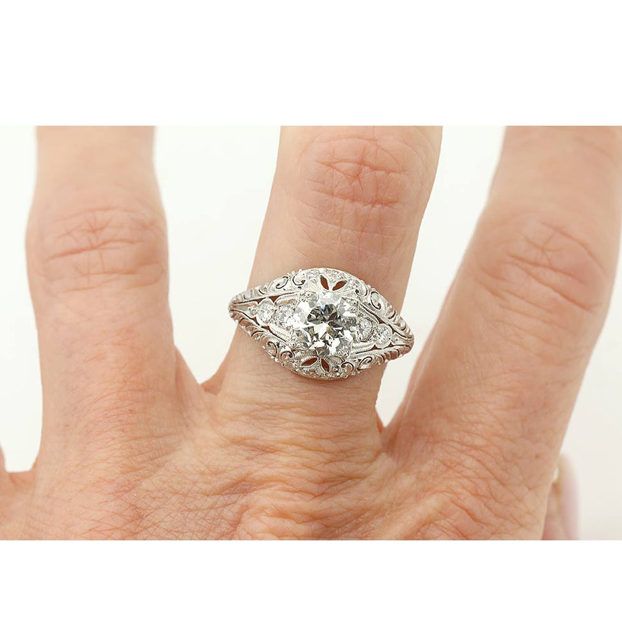 Art Deco 1.05 Ct Old European Cut Diamond Platinum Engagement Ring GIA J/SI2