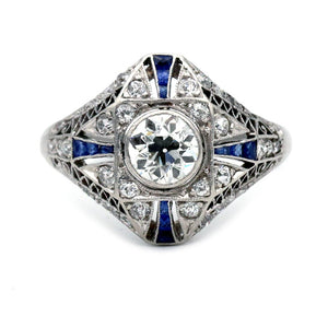 Vintage 1.15 CTW Platinum Old Mine Cut Diamond & Sapphire Art Deco Engagement Ring