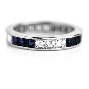 Mid-Century Sapphire & Square Cut Diamond Platinum Vintage Eternity Wedding Band