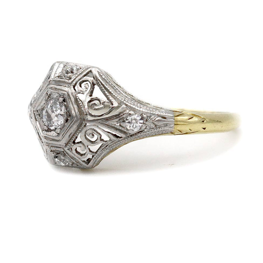 Art Deco Old Mine Cut Diamond Engagement Ring in Two-Tone Gold