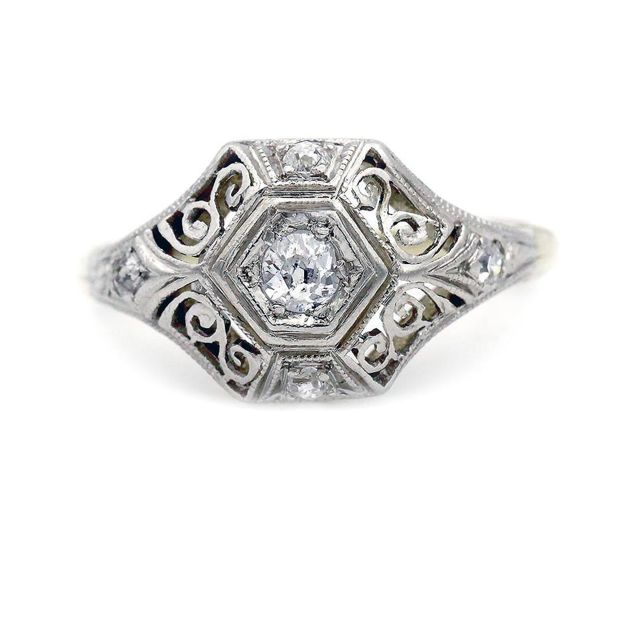 Art Deco Old Mine Cut Diamond Engagement Ring in Two-Tone Gold