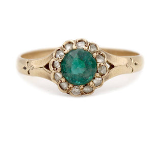 Victorian green garnet and rose cut diamond halo engagement ring in 10k rose gold