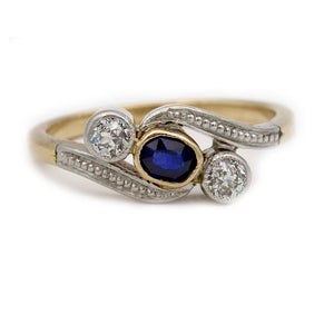 Victorian Three Stone Bezel Set Sapphire & Old Mine Cut Diamond Engagement Ring in Platinum and 14 Karat Yellow Gold Front View