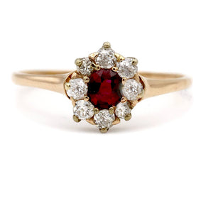 Victorian .35 CTW Mine Cut Diamond Halo 10 Karat Rose Gold Antique Engagement Ring Front View