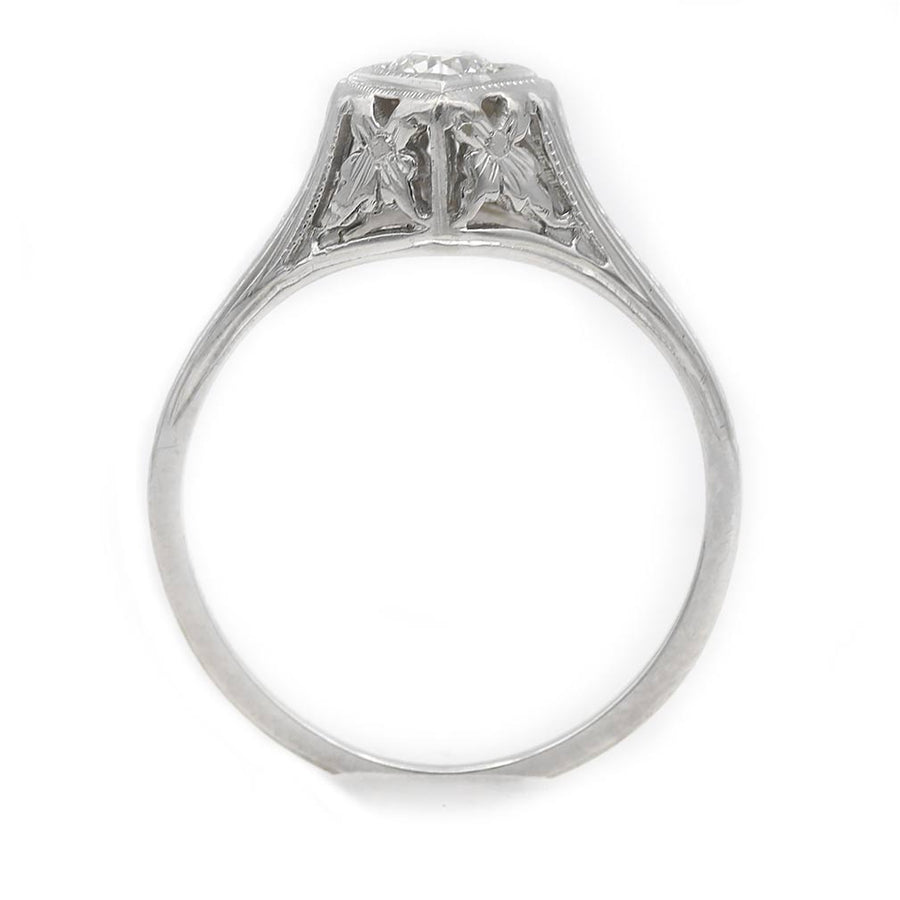 Art Deco .20 Ct Old European Cut Floral Diamond Engagement Ring | 20K White Gold