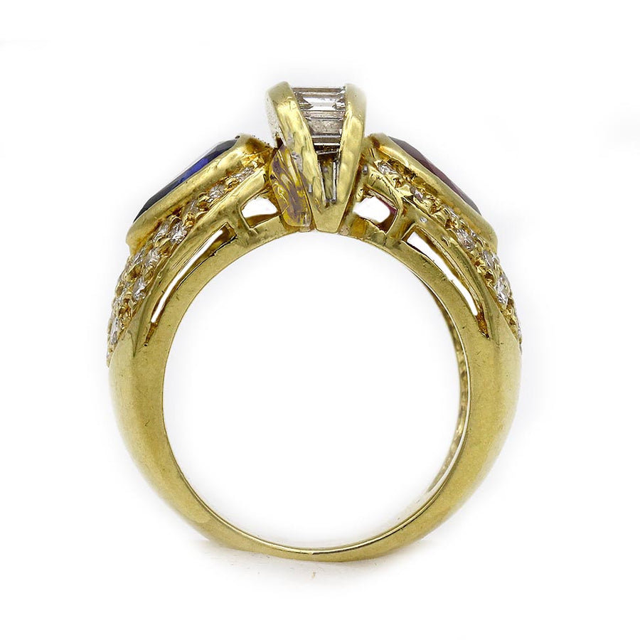 Estate Ruby Sapphire Diamond Ring 1980s 18K Gold Multi Stone Statement Ring