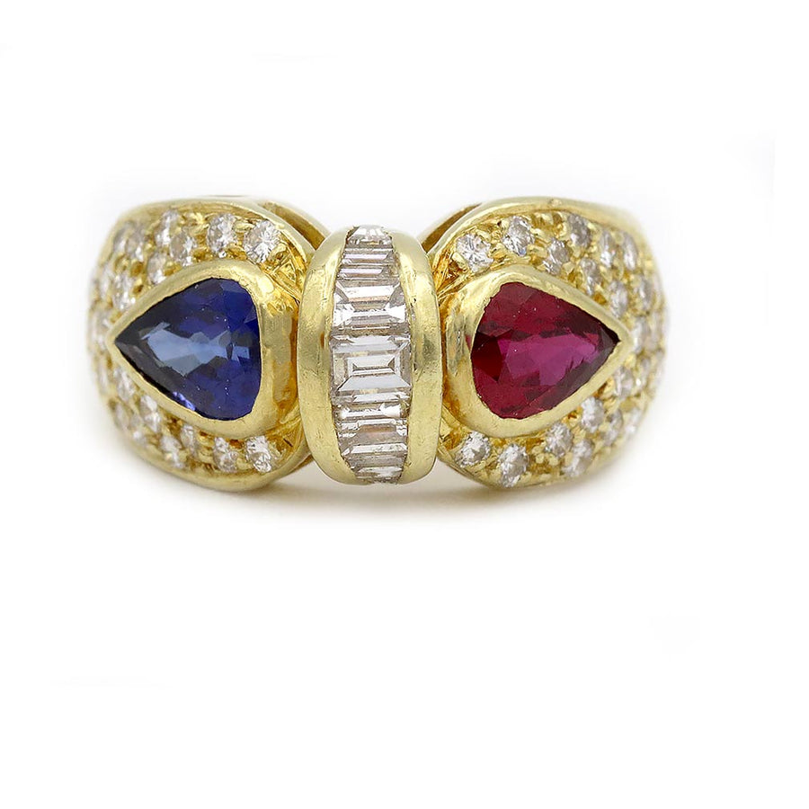 Estate Ruby Sapphire Diamond Ring 1980s 18K Gold Multi Stone Statement Ring