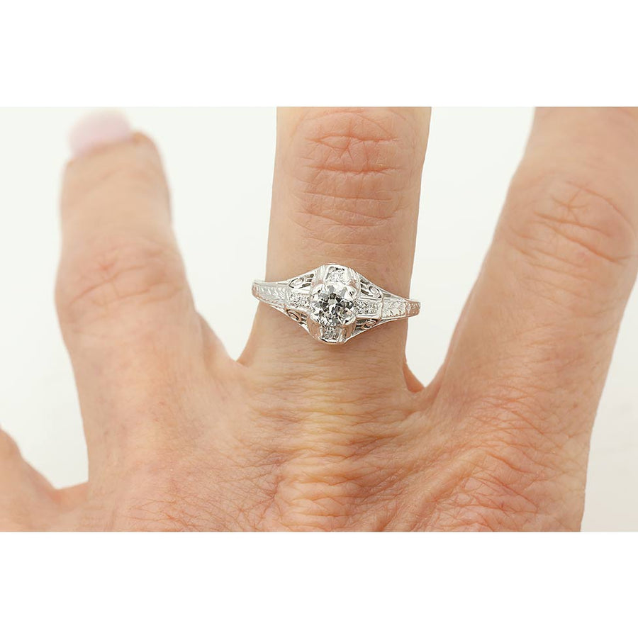 Art Deco .40 Ct Old European Cut Diamond Vintage Engagement Ring Signed 