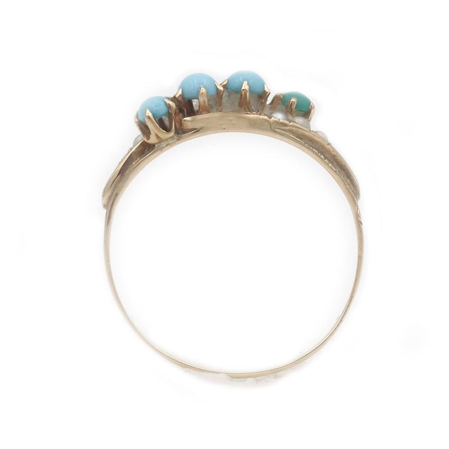 Victorian Turquoise & Pearl Three-Row Wedding Ring in 10K Rose Gold